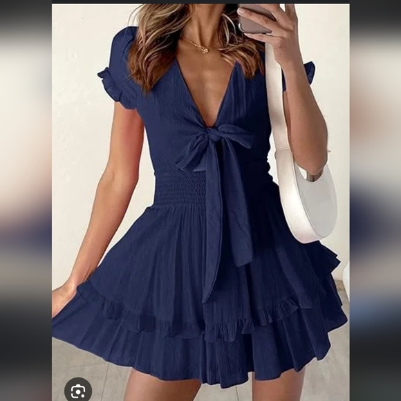 P Prettygarden Elegant Navy Blue Ruffle Dress - Picture 2 of 8